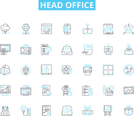 Head office linear icons set. Headquarters, Corporate, Main, Center, Administrative, Management, Control line vector and concept signs. Command,Oversight,Supervision outline illustrations