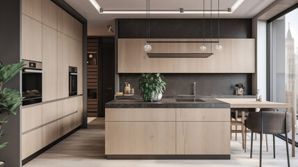 Fototapeta premium Kitchen in a modern, minimalist, and warm style.