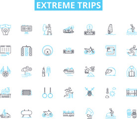 Fototapeta na wymiar Extreme trips linear icons set. Adventurous, Thrilling, Intense, Challenging, Grueling, Extreme, Dangerous line vector and concept signs. Risky,Exciting,Epic outline illustrations