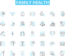 Family health linear icons set. Nutrition, Exercise, Hygiene, Sleep, Vaccines, Prevention, Medicine line vector and concept signs. Checkups,Therapy,Diagnosis outline illustrations