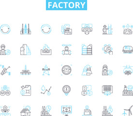 Factory linear icons set. Production, Machinery, Industrial, Manufacturing, Assembly, Workshop, Automation line vector and concept signs. Manufacturing line,Production line,Factory floor outline