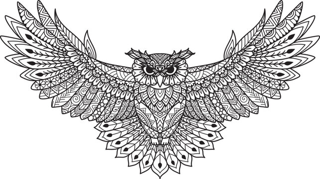 Boho flying owl for coloring page, engraving, papercut, printing, laser cut and so on. Vector illustration.