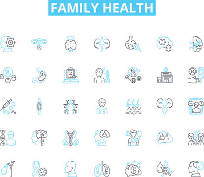 Family health linear icons set. Nutrition, Exercise, Hygiene, Sleep, Vaccines, Prevention, Medicine line vector and concept signs. Checkups,Therapy,Diagnosis outline illustrations