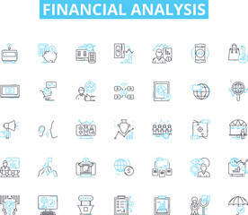 Financial analysis linear icons set. Profitability, Liquidity, Solvency, Efficiency, Sustainability, Cashflow, Growth line vector and concept signs. Risk,Evaluation,Optimization outline illustrations