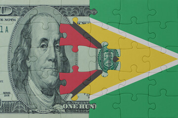 puzzle with the national flag of guyana and dollar money banknote. macro.concept.