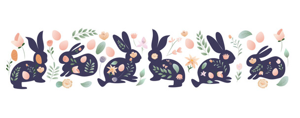 Happy Easter banner. Trendy Easter design with typography, hand painted strokes and dots, eggs and bunny in pastel colors. Modern minimal style. Horizontal poster, greeting card, header for website