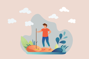 Happy woman cleaning up city street. Young ecologist, volunteer or eco activist picking up and disposing garbage in park. Community service work. Flat cartoon vector illustration.