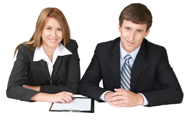 Fototapeta premium Coworkers Writing on Clipboard - Isolated