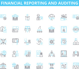 Financial reporting and auditing linear icons set. Auditing, Compliance, Transactions, Statements, Disclosure, Risk, Reporting line vector and concept signs. Regulations,Transparency,Fraud outline