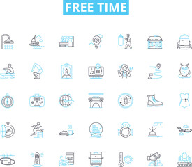 Free time linear icons set. Leisure, Relaxation, Hobbies, Pastimes, Recreation, Amusement, Entertainment line vector and concept signs. Pursuits,Activities,Retreat outline illustrations