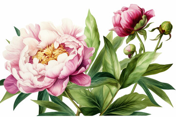 Watercolor peony flowers and green leaves, Generative AI