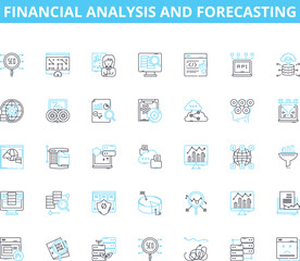 Financial analysis and forecasting linear icons set. Risk, Revenue, Budget, Investment, Cashflow, Growth, Forecasting line vector and concept signs. Analysis,Break-even,Profitability outline