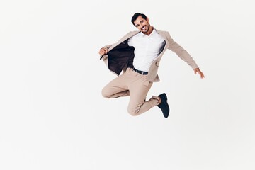 man beige happy businessman winner suit smiling flying victory business running