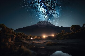 The stunning view of Mount Kilimanjaro at night with a starry sky.