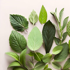 various herbal leaves on neutral background - 597583831