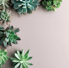 various succulent plants shot from above on neutral background, copy text space - 597583832