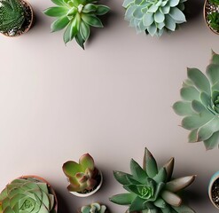 various succulent plants shot from above on neutral background, copy text space - 597583842