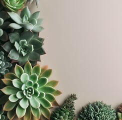 various succulent plants shot from above on neutral background, copy text space - 597583851