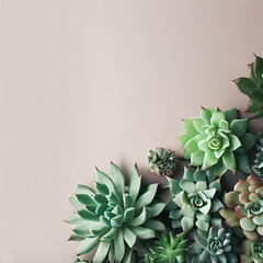 various succulent plants shot from above on neutral background, copy text space - 597583865
