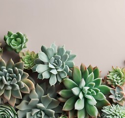 various succulent plants shot from above on neutral background, copy text space - 597583868