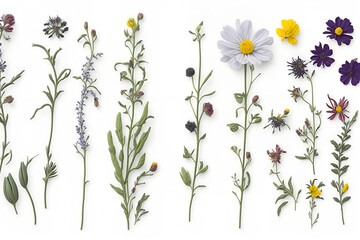various wild flowers lying on neutral white background, flat display - 597583874