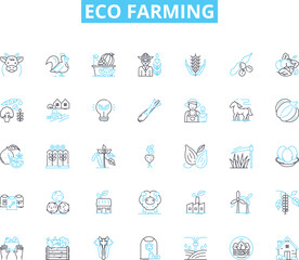 Eco farming linear icons set. Sustainability, Organic, Permaculture, Regenerative, Soil, Biodiversity, Agroforestry line vector and concept signs. Compost,Biodynamic,Local outline illustrations