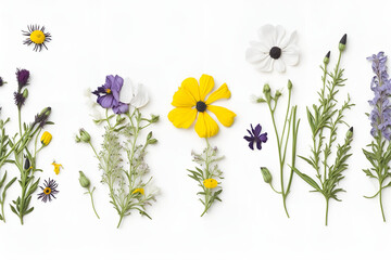 various wild flowers lying on neutral white background, flat display - 597583887