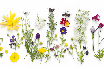 various wild flowers lying on neutral white background, flat display - 597583895
