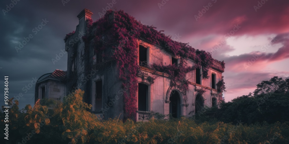Poster an old abandoned building with vines growing on the side of it. ai generative image.