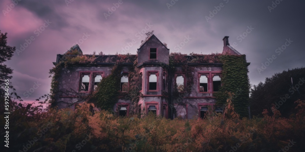 Poster an old abandoned building with vines growing on the side of it. ai generative image.