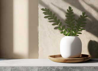 Modern white vase with green plant on stone counter table with free and empty space for product display - 597584006