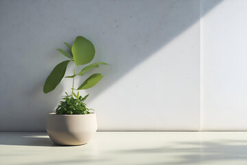 Modern white vase with green plant on stone counter table with free and empty space for product display