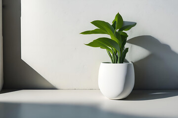 Modern white vase with green plant on stone counter table with free and empty space for product display - 597584022
