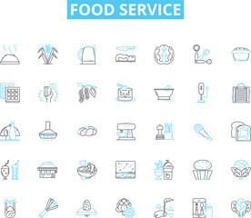 Food service linear icons set. Catering, Delivery, Restaurant, Takeout, Buffet, Kitchen, Chef line vector and concept signs. Hospitality,Banquet,Drive-thru outline illustrations