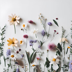 various wild flowers lying on neutral white background, flat display - 597584024