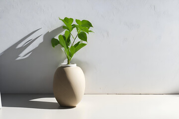 Modern white vase with green plant on stone counter table with free and empty space for product display - 597584029