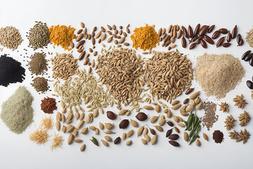 Multitude of various seeds on neutral white background - 597584031