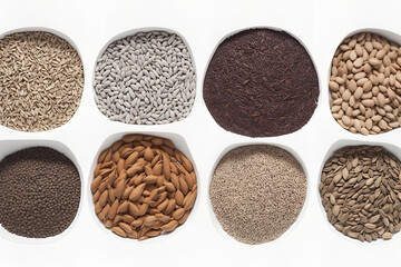 Multitude of various seeds on neutral white background - 597584043