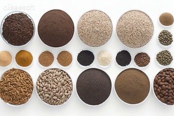 Multitude of various seeds on neutral white background - 597584065