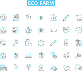 Eco farm linear icons set. Sustainability, Organic, Green, Permaculture, Biodiversity, Conservation, Regenerative line vector and concept signs. Composting,Renewable,Ethical outline illustrations