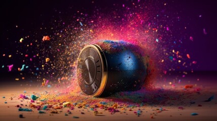 Colorful Portable Speaker Sparkles in Captivating Photoshoot with Sony A9 and 35mm Lens, Set Against a Mesmerizing Universe Background, Generative ai