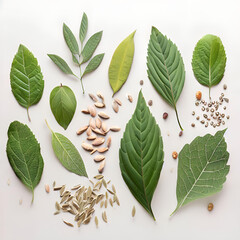 various herbal leaves and seeds on neutral background - 597584207