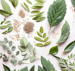 various herbal leaves and seeds on neutral background - 597584218