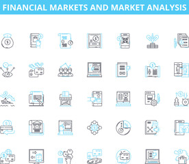 Financial markets and market analysis linear icons set. Stocks, Bonds, Commodities, Investments, Trading, Derivatives, Volatility line vector and concept signs. Liquidity,Hedging,Risk outline