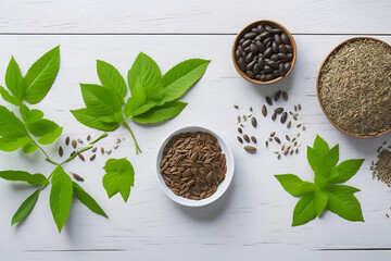various herbal leaves and seeds on neutral background - 597584228