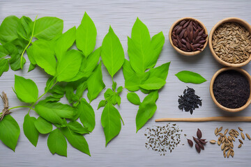 various herbal leaves and seeds on neutral background - 597584247