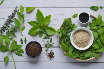 various herbal leaves and seeds on neutral background - 597584250