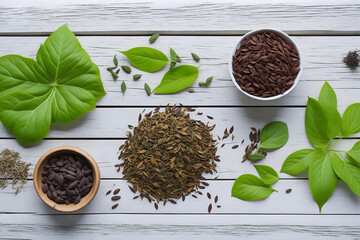 various herbal leaves and seeds on neutral background - 597584253
