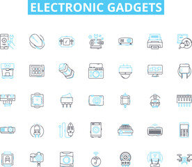 Electronic gadgets linear icons set. smartph, tablet, laptop, desktop, camera, earbuds, smartwatch line vector and concept signs. dr,projector,headset outline illustrations