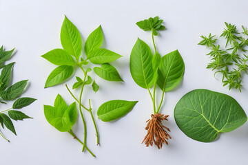 various herbal leaves on neutral background - 597584266